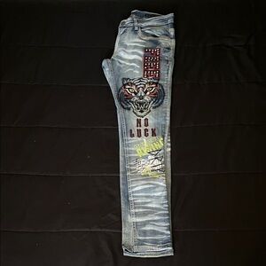 Men's Distressed Blue Skinny Jeans with Tiger Graphic